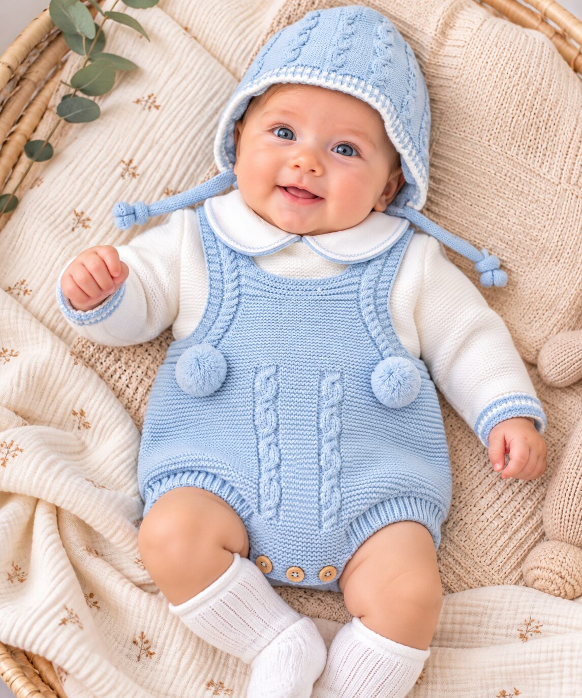 Retrato acogedor de bebé en azul pastel Conjunto de Punto para Bebé Azul Celeste con Peto, Jersey y Capota 3