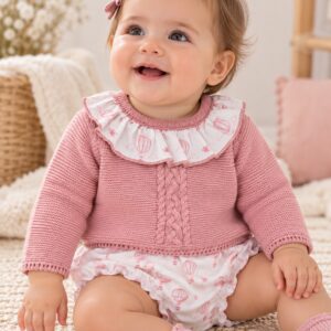 Conjunto de Niña de Punto Rosa Empolvado con Cuello Volante y Braguita de Globos
