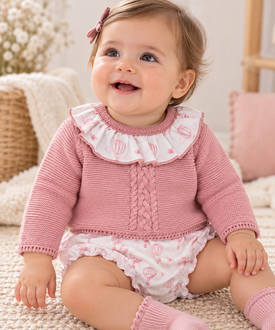 Retrato acogedor de bebé en tonos rosados Conjunto de Niña de Punto Rosa Empolvado con Cuello Volante y Braguita de Globos 3