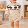 Conjunto de Punto para Bebé con Ositos y Bombacho de Canalé en Beige 2 Conjunto de Punto para Bebé con Ositos y Bombacho de Canalé en Beige 2