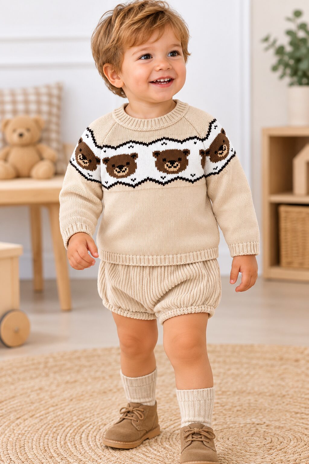 Retrato acogedor en la habitación infantil Conjunto de Punto para Bebé con Ositos y Bombacho de Canalé en Beige 3