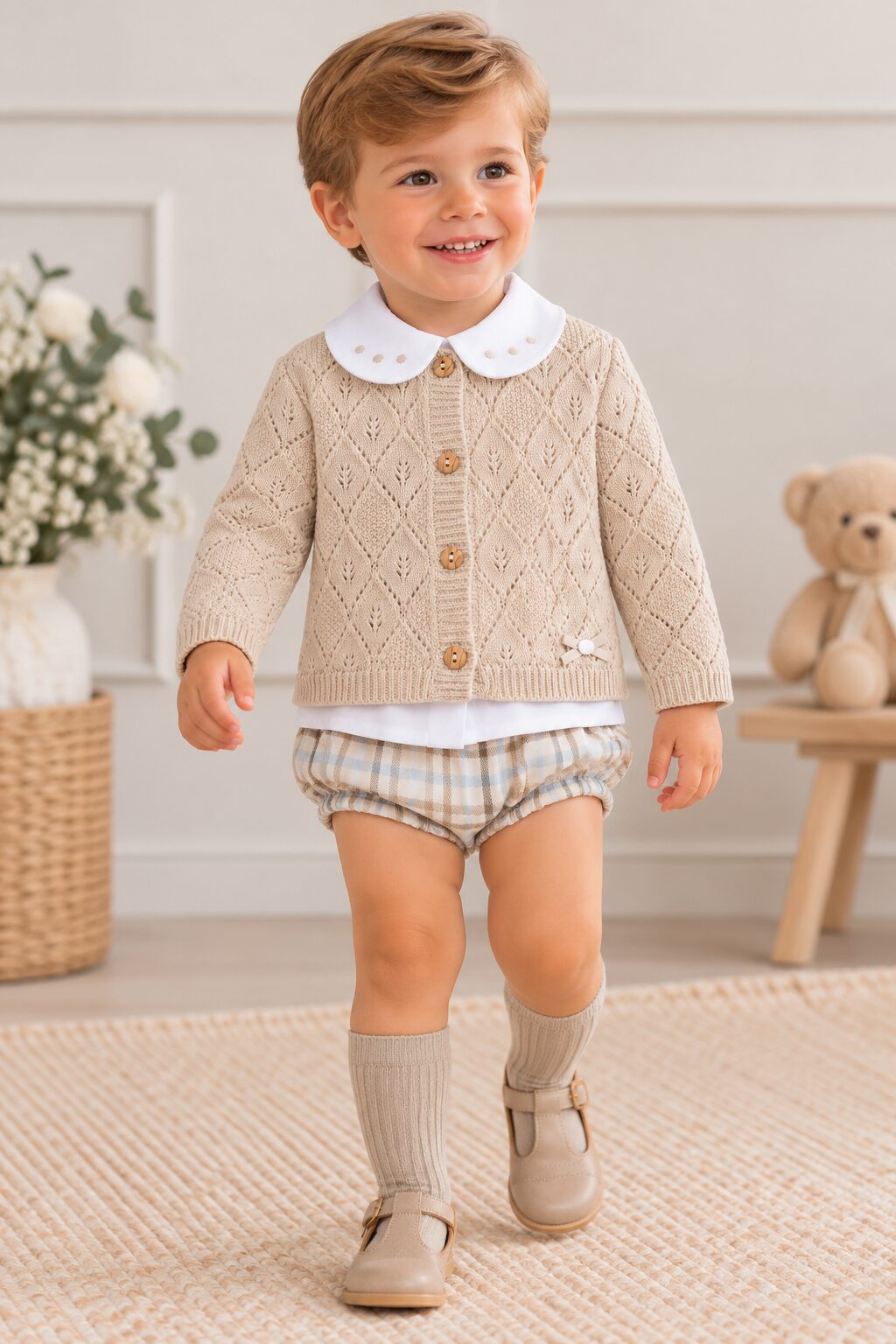 Retrato infantil en tonos cálidos Conjunto de Bebé Beige con Rebeca de Punto Calado y Braguita de Cuadros 2