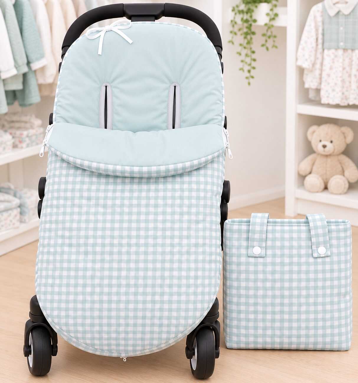Saco de carrito y bolso a juego Pack saco de silla y bolso a juego en verde agua de cuadros 3
