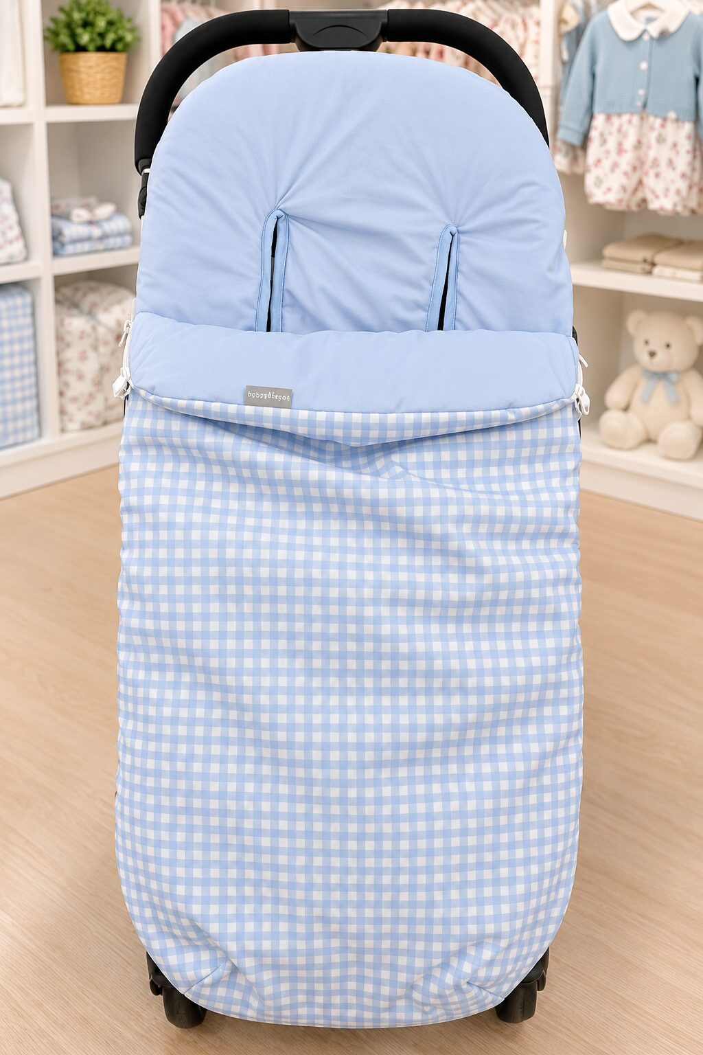 Saco de silla azul a cuadros en tienda infantil (1) Saco de silla de paseo de cuadros vichy azul celeste y blanco 3