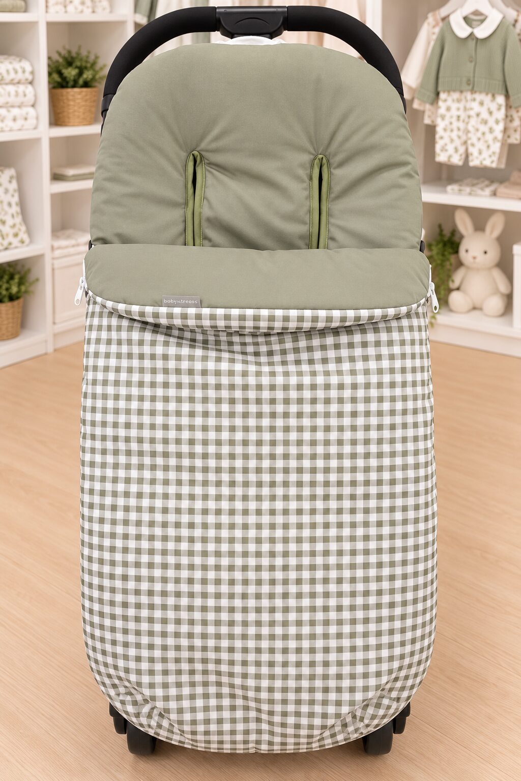 Saco de silla de paseo verde oliva y cuadros gingham Saco para silla de paseo de bebé de cuadros verde oliva 3