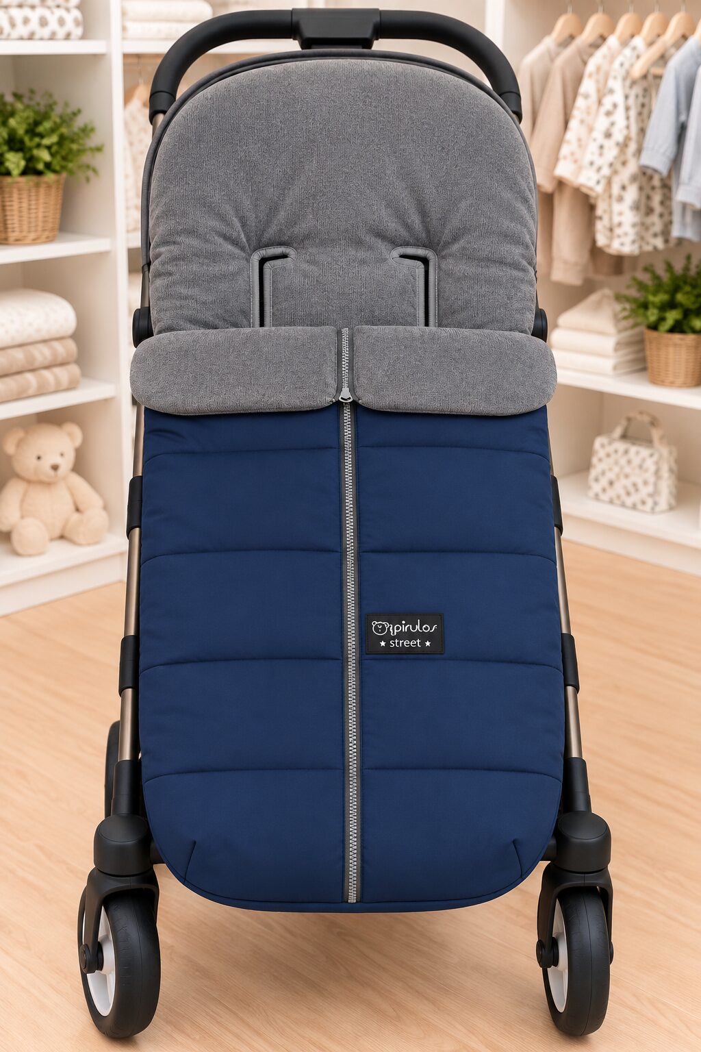 Saco nórdico azul para carrito (1) Saco de silla de paseo Pirulos Street azul marino con interior de coralina gris 2