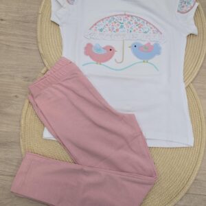 Conjunto camiseta pajaritos + leggins rosa.