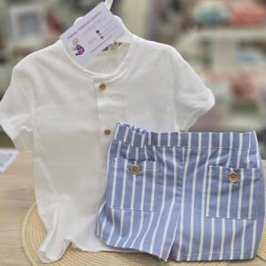 Pantalón a rayas + Camisa cuello de pico "Azul/Blanco"