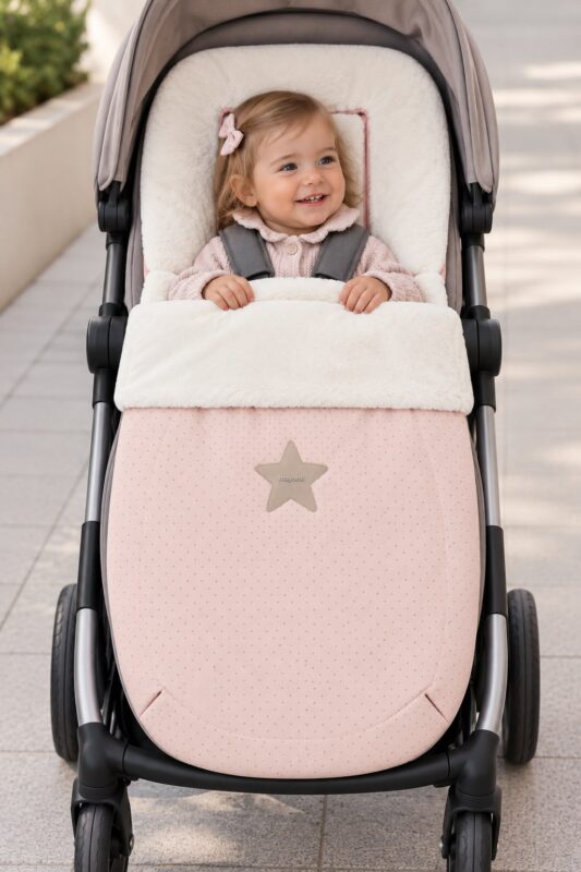 WhatsApp Image 2026-09-10 at 11.14.05 Saco Universal para Silla de Paseo Mayoral – Pelo Suave y Polipiel rosa con Estampado de Topitos 3