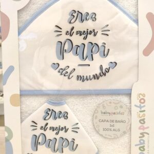 Pack regalo "Eres el mejor Papi del Mundo" Capa de baño + Babero en celeste