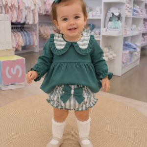 Conjunto para niña verde y blanco con vestido y bloomer