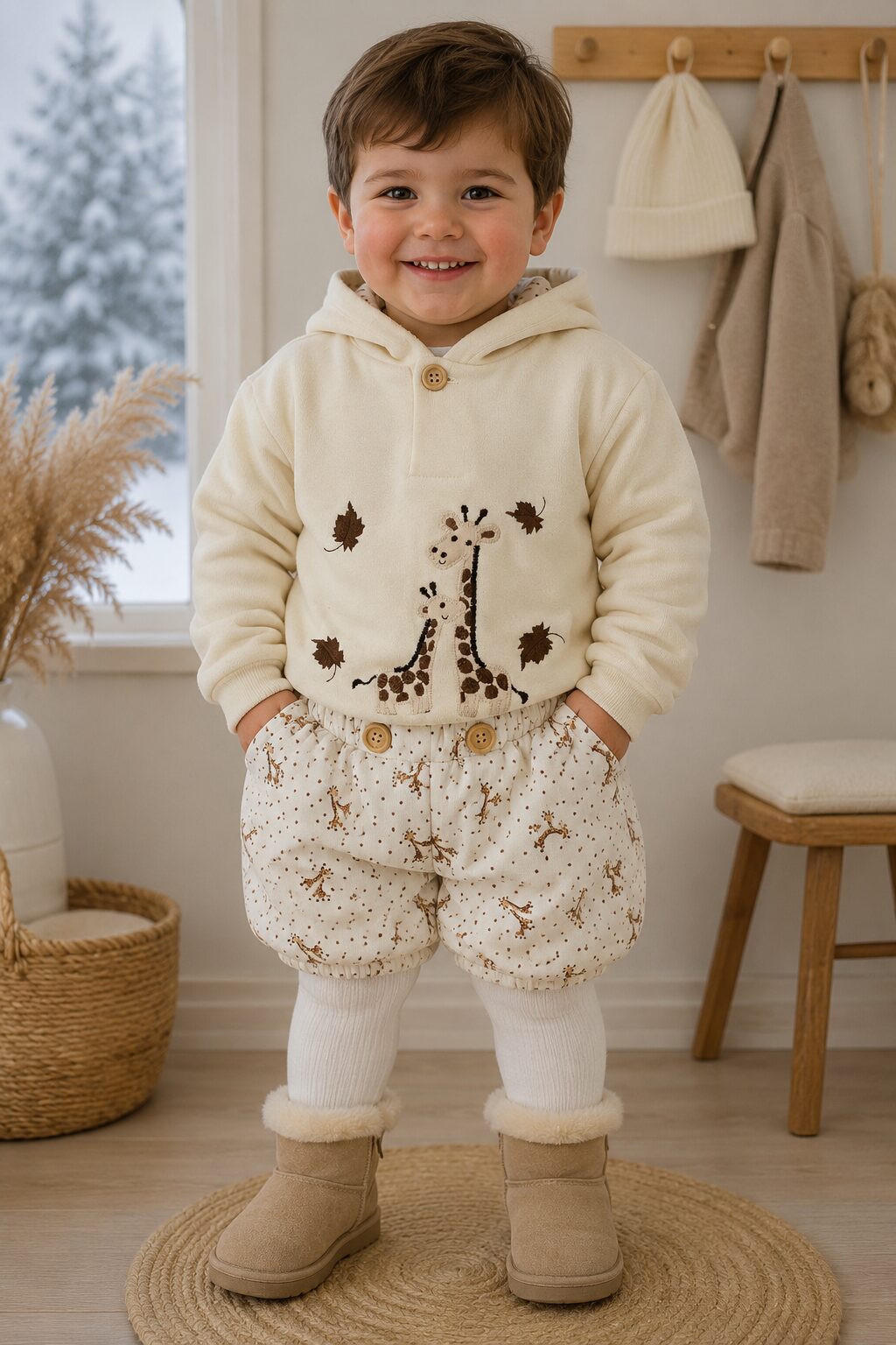 i270107-3 Conjunto infantil de invierno con sudadera de capucha y pantalón corto de jirafas 3