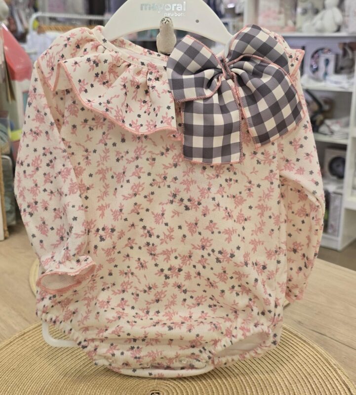 i270114 Pelele de bebé con estampado floral y gran lazo de cuadros 5