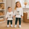 Conjunto de camiseta de niña con ciervo y lazos de cuadros vichy + Leggings verde botella 2