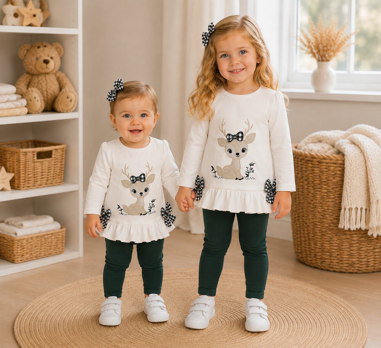 i270118-2 Conjunto de camiseta de niña con ciervo y lazos de cuadros vichy + Leggings verde botella 3