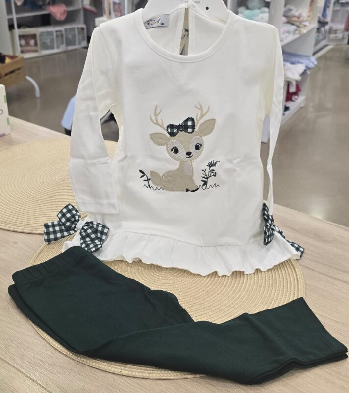 i270118 Conjunto de camiseta de niña con ciervo y lazos de cuadros vichy + Leggings verde botella 5